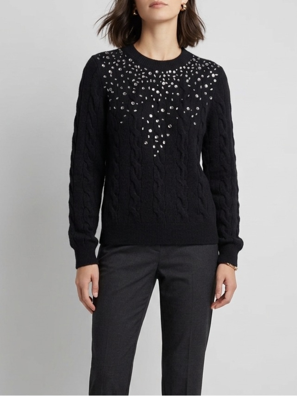 NWT Halogen Black Cable Knit Sweater with Rhinestones Embellished Crew Neck M